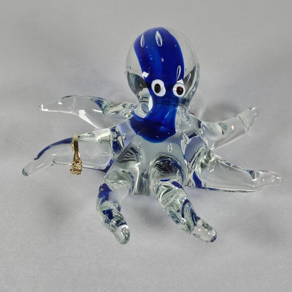 Handmade Handblown Clear/Cobalt Blue Art Glass Octopus Figurine Paperweight - Picture 5 of 12